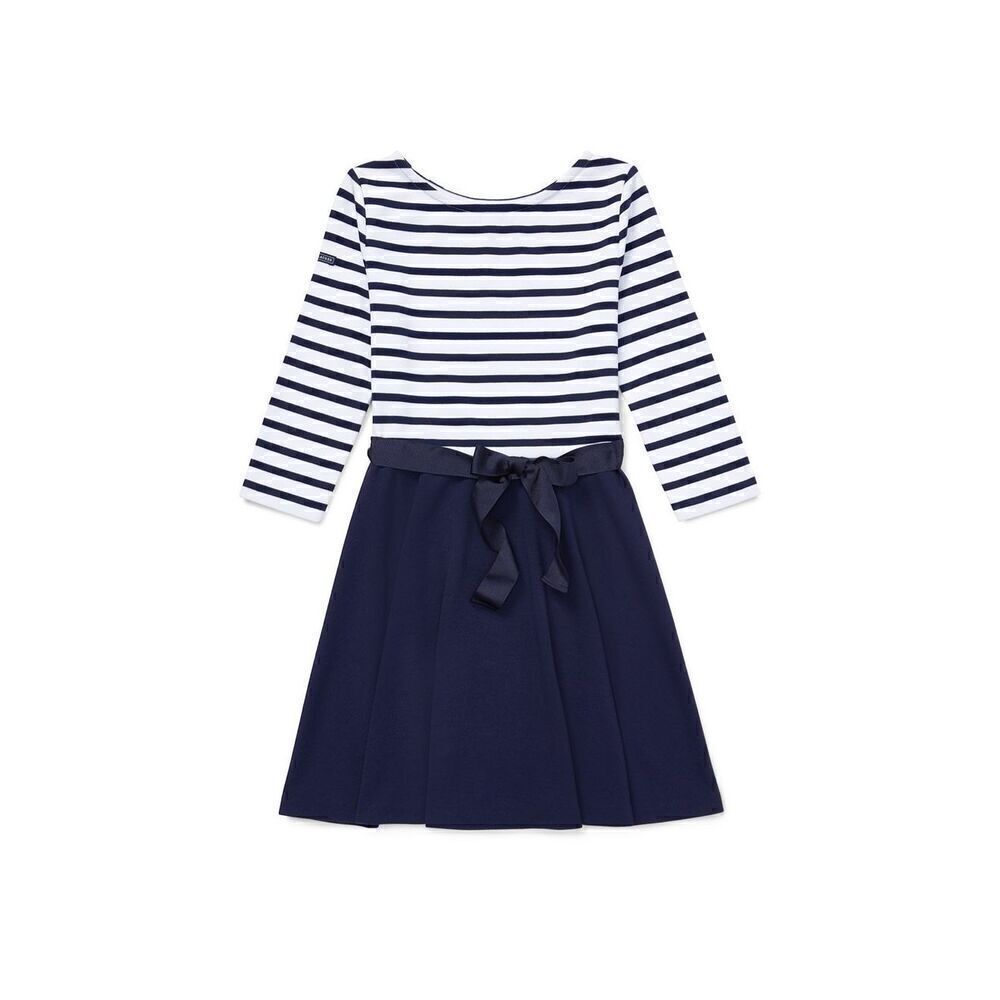 Polo Ralph Lauren Girls Striped Two-Tone Ponte Dress In Refined Navy/White